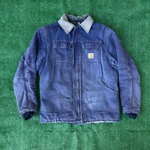 VINTAGE CARHARRT LINED DISTRESSED INDIGO SUNFADED JACKET SZ L